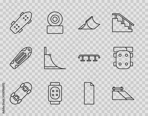 Set line Skateboard, park, Knee pads, Grip tape on skateboard and icon. Vector