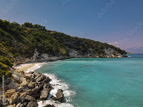 horizontal shot drone of a beach near to myrtos beach in kefalonia island, Greece, with view on hills and copy space