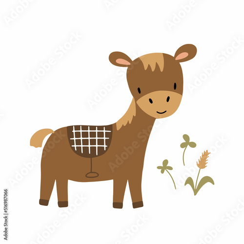 Vector cute donkey, clip art on white background Pastel colors Baby animal with flowers Nursery wall art