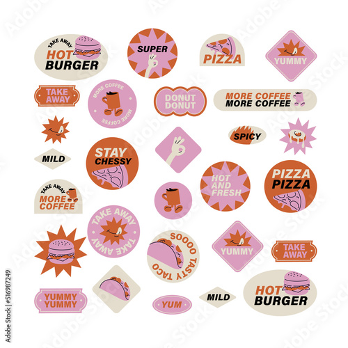 Vector set of retro fast food stickers. Colorful patch badges for junk food cafe.