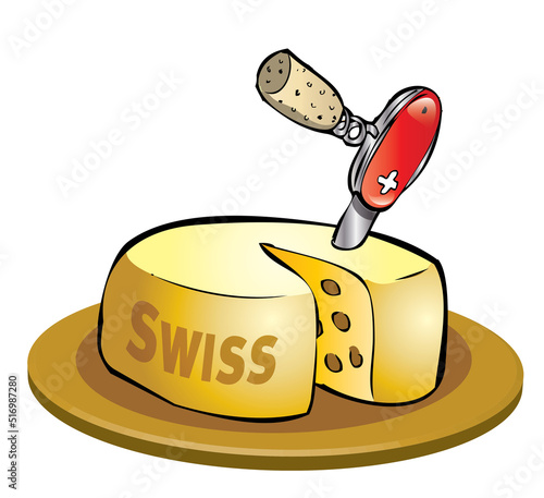 Swiss cheese with an open pocketknife with a cork stuck on the top