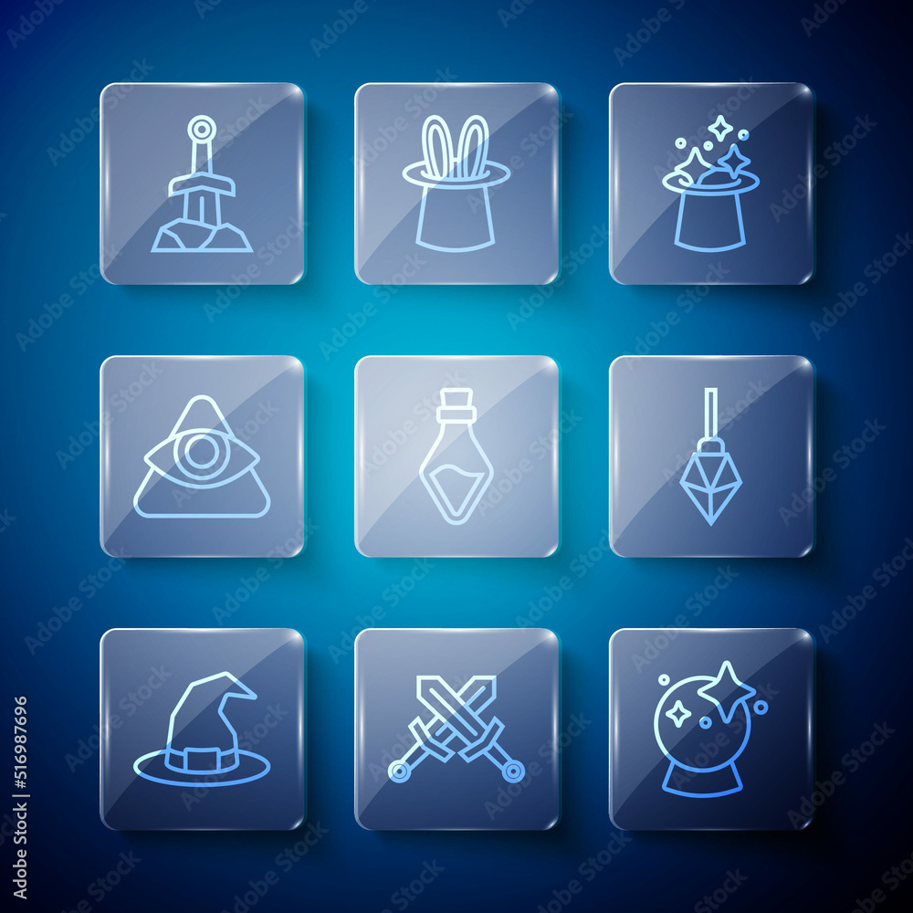 Set line Witch hat, Crossed medieval sword, Magic ball, Bottle with potion, All-seeing eye of God, Sword the stone and icon. Vector Set line Witch hat, Crossed medieval sword, Magic ball, Bottle with potion, All-seeing eye of God, Sword the stone and icon. Vector