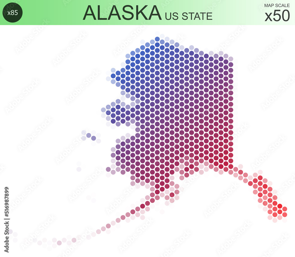 Fototapeta premium Dotted map of the state of Alaska in the USA, from circles placed in hexagons. Scaled 50x50 elements. With rough edges from a color gradient and a smooth gradient from one color to another.