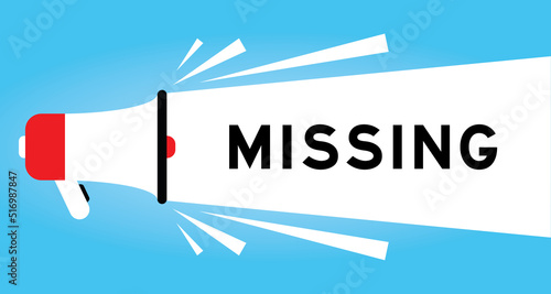 Color megphone icon with word missing in white banner on blue background