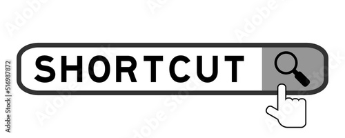 Search banner in word shortcut with hand over magnifier icon on white background