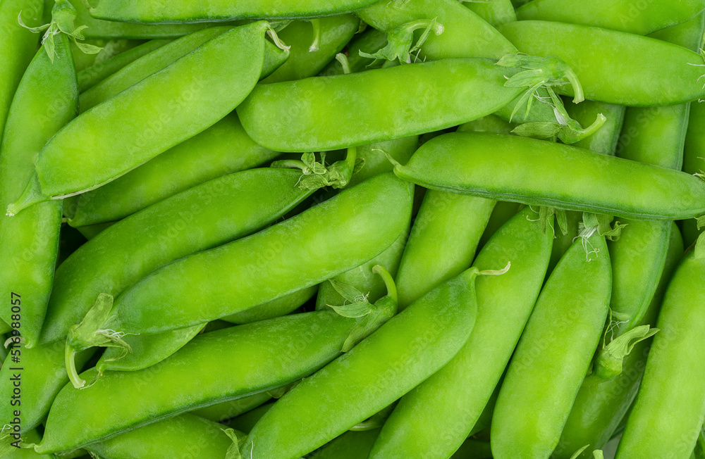 Fresh green pea pods texture. Close up, top view