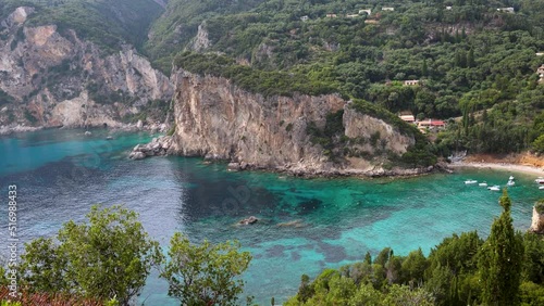 View from a hilltop in Palaiokastritsa village, Corfu Island, Greece, 4k video photo