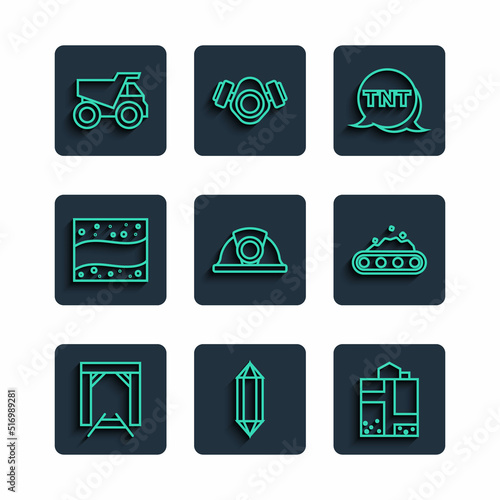 Set line Mine entrance, Gem stone, Dynamite, Miner helmet, Gold mine, Mining dump truck and Conveyor belt carrying coal icon. Vector