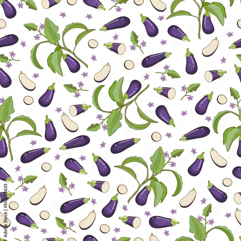 Seamless pattern with whole, half, quarter, wedges, and slices of eggplants. Aubergine, brinjal, nightshade family. Vegetables. Vector illustration isolated on white background. Cartoon style. Seamless pattern with whole, half, quarter, wedges, and slices of eggplants. Aubergine, brinjal, nightshade family. Vegetables. Vector illustration isolated on white background. Cartoon style.