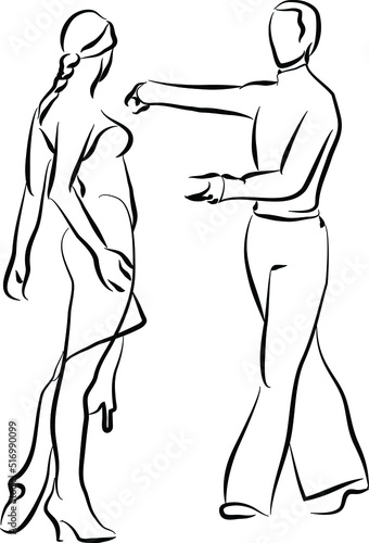 Rumba dance to latin music couple people vector illustration. Cartoon motion of adult woman and man dancers, couple of performers dancing in the ballroom isolated on white.Fictional characters