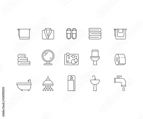 Bathroom and toilet line icon set. Plumbing and accessories. Shower, sink, water tap, bath, toilet, mirror, toilet paper, towel, slippers, bathrobe. Sanitary zone in interior. Vector outline sign