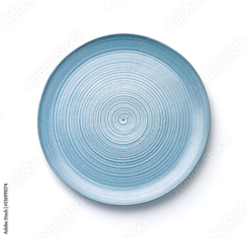 Top view of empty blue handmade flat ceramic dish