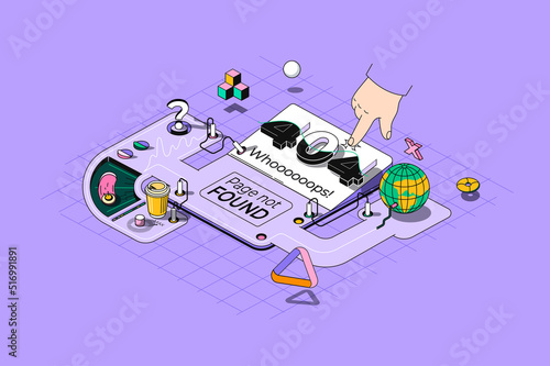 404 page not found concept 3d isometric outline web design. Tech support solving webpage problem and fix disconnect of internet site. Web illustration with abstract line people composition
