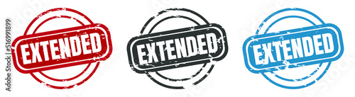 Extended stamp. extended round isolated sign. extended label set photo