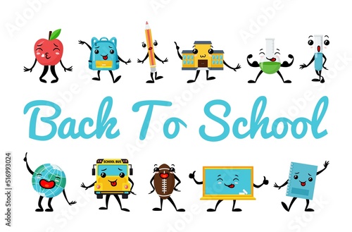 Back to school supplies smilies funny cartoon characters vector flat illustration