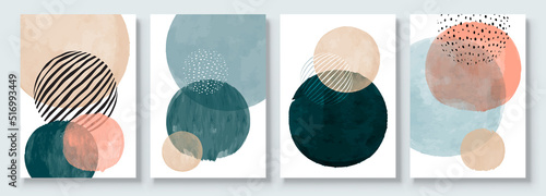 Set of Abstract Hand Painted Illustrations for Wall Decoration, Postcard, Social Media Banner, Brochure Cover Design Background. Modern Abstract Painting Artwork with Circle. Sphere Vector Pattern.	