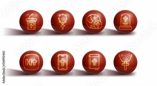 Set line Church sermon tribune, Christian cross, Grave with tombstone, Holy bible book, phone, Rosary beads religion, chain and globe icon. Vector