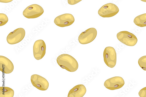 Soybean seamless pattern on white background.Kidney white beans texture for label,packaging,wrapping paper, or farmer market backdrop design.Natural energy protein and organic food.Vector illustration