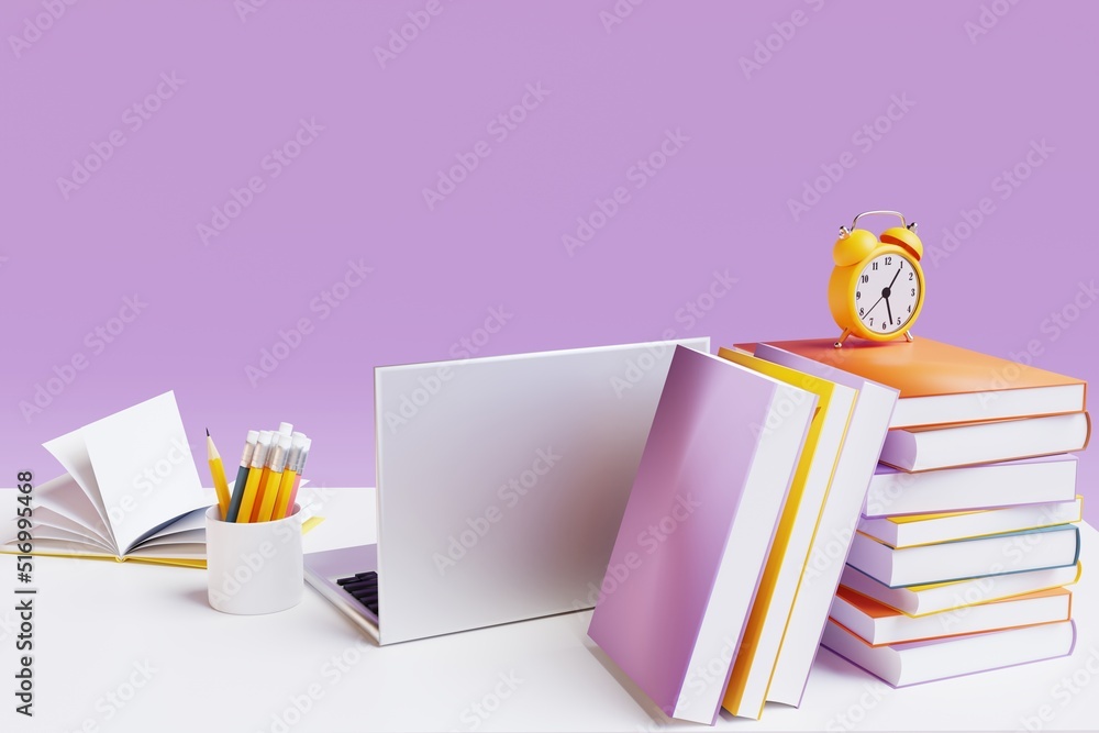 Fototapeta premium School desk with school accessories and laptop. 3d render