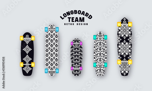 Set of prints on longboards in retro style