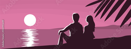 Young couple with a beautiful seascape. Tropical palm. Evening sunset. Silhouette of a man and a girl on a violet background. Loving people sit on the shore. Vector romantic illustration banner