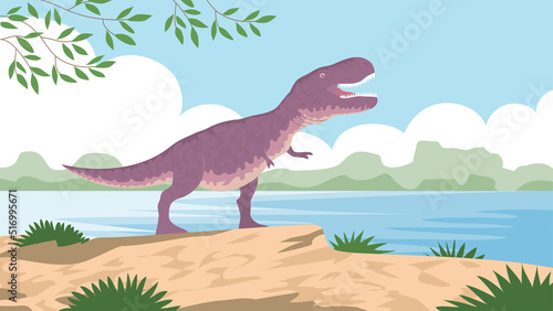 Fototapeta Naklejka Na Ścianę i Meble -  Predatory dinosaur tyrannosaurus rex of the Jurassic period. Carnivorous lizard. Prehistoric strong hunter. Wild landscape with a lake. Cartoon vector illustration