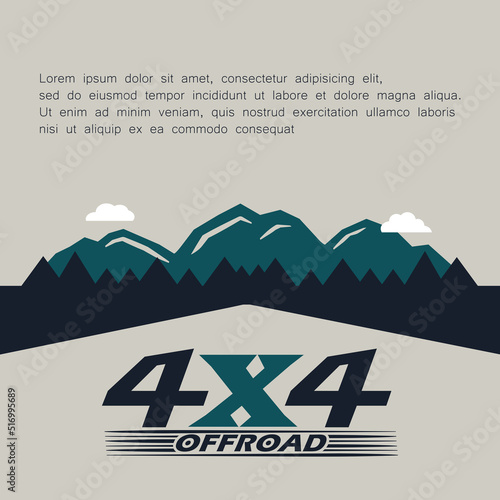 4x4 logo element. 4 wheel drive graphic design. Off road trip. Nature adventure. Way to the mountain. Extreme travel. Expedition to cross country.