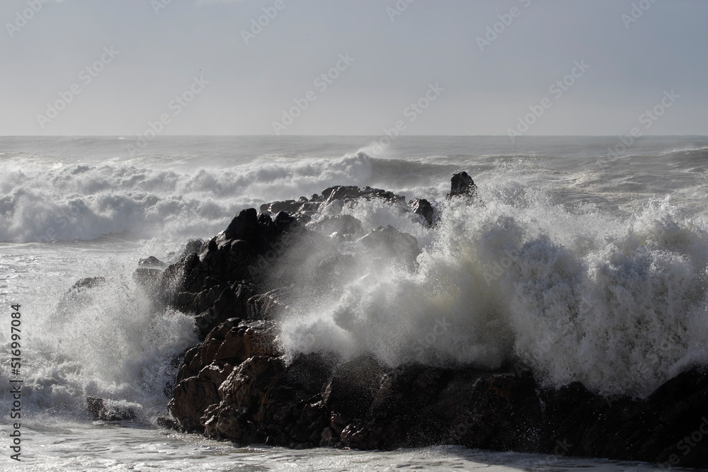 Sea rocks flooded by stormy waves