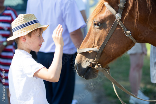 Fototapeta Naklejka Na Ścianę i Meble -  A little boy strokes the horse's face.Village boy with a horse.