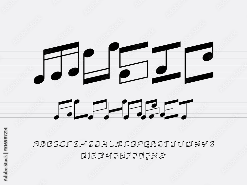 vector of music note font and alphabet design with uppercase, numbers and symbols Stock Vector