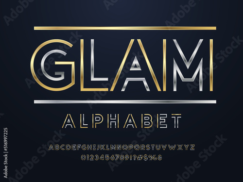 Modern glamour alphabet design with uppercase, numbers and symbols photo