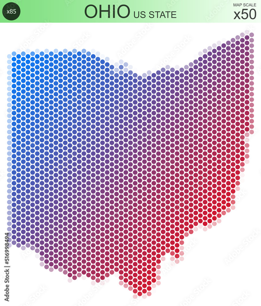 Dotted map of the state of Ohio in the USA, from circles placed in hexagons. Scaled 50x50 elements. With rough edges from a color gradient and a smooth gradient from one color to another.