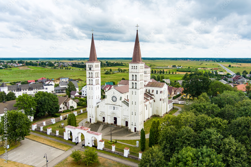 Aerial view of church of St. Michael the Archangel in Rietavas, built in neo-romanticistic style in 1873.