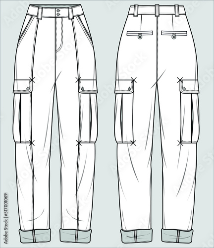 HIGH WAIST WOVEN JOGGERS WITH BELLOW POCKET AND TURN UP HEM FOR WOMEN AND TEEN GIRLS IN EDITABLE VECTOR FILE