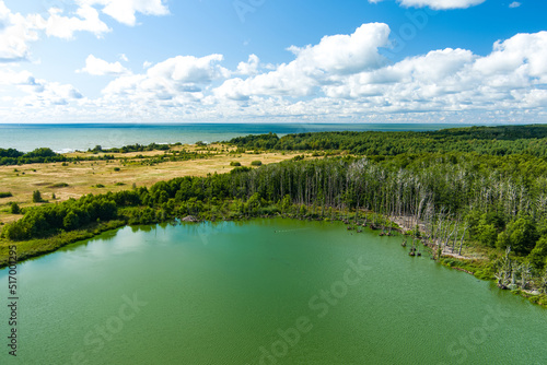 Beautiful aerial view of lake Plaze in Klaipeda district  where bird lovers can watch the lake s water birds up close.
