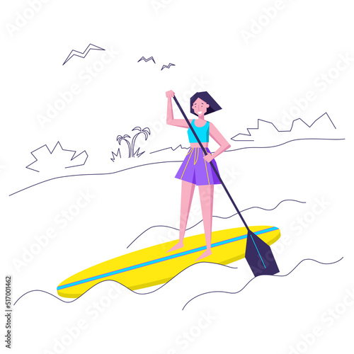 woman floats on a board on the waves