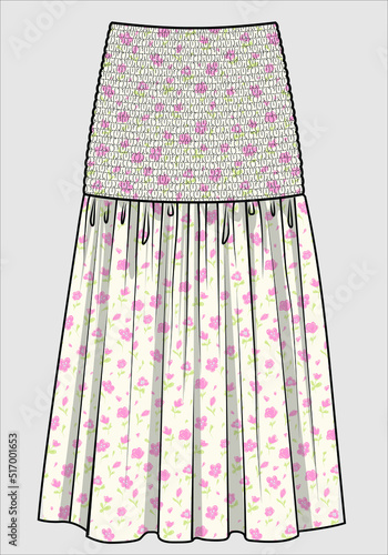 FLORAL SKIRT WITH SMOCKING AT WAIST FOR WOMEN IN EDITORIAL VECTOR photo
