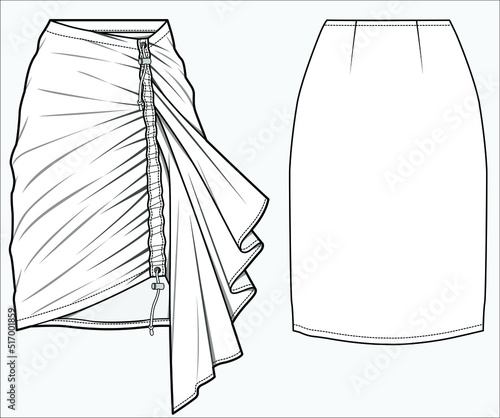 ASYMMETRIC GATHERED SKIRT FOR WOMEN IN EDITABLE VECTOR FILE