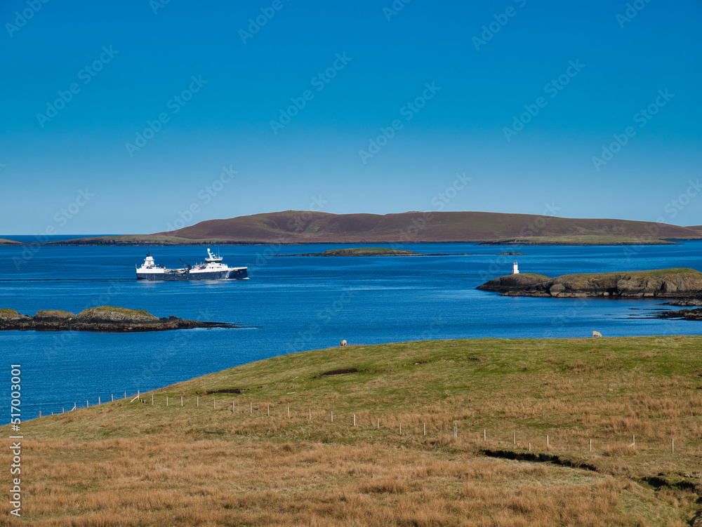 An unnamed blue and white boat sails on calm water toward Lerwick in Shetland, Scotland, UK. Taken on a calm, sunny day with blue sky and no clouds.