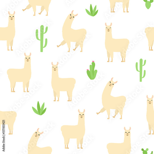 Cute llama seamless pattern. Cartoon alpaca and cactuses on white background. Vector illustration