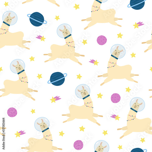 Cute llama in space seamless pattern. Cartoon alpaca in astronaut suit, stars and planets on white background.