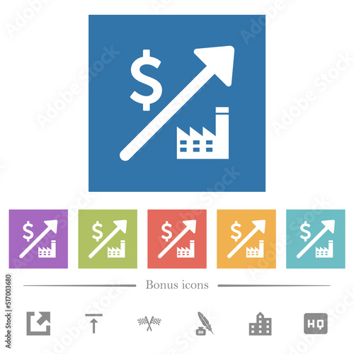 Rising power plant dollar prices flat white icons in square backgrounds