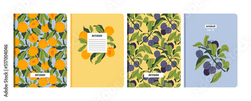 Vector illustartion templates cover pages for notebooks, planners, brochures, books, catalogs. Fruits wallpapers with with peach and plum.