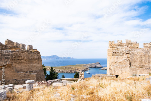A view looking out from Lindos Acropolis to the sea and mountains beyond, on the Greek island of Rhodes