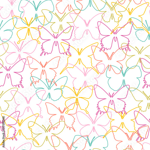 Seamless pattern of multicolored contour butterflies on a white background.