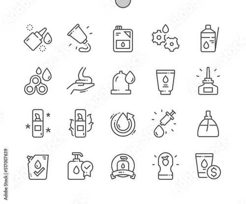 Lubricant. Oil and cream tube. Spray and flask. Lubricant for condom and car motor. Pixel Perfect Vector Thin Line Icons. Simple Minimal Pictogram