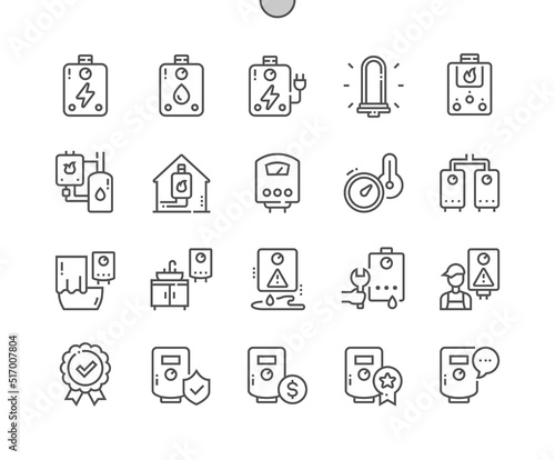 Water heaters boilers. Thermostat. House heating equipment. Boiler room. Pixel Perfect Vector Thin Line Icons. Simple Minimal Pictogram