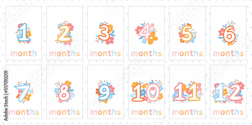 Baby milestone cards with hand-drawn flowers and numbers. Newborn 1 to 12 months anniversary cards set 