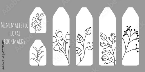 Set of 6 bookmarks with black line decorative hand draw plants and flower. Minimalists botanical illustration. Bookmark templates for reading. Isolated on grey background.	