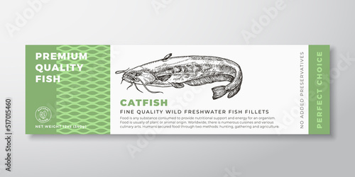 Premium Quality Catfish Vector Packaging Label Design Modern Typography and Hand Drawn Freshwater Fish Silhouette Seafood Product Background Layout